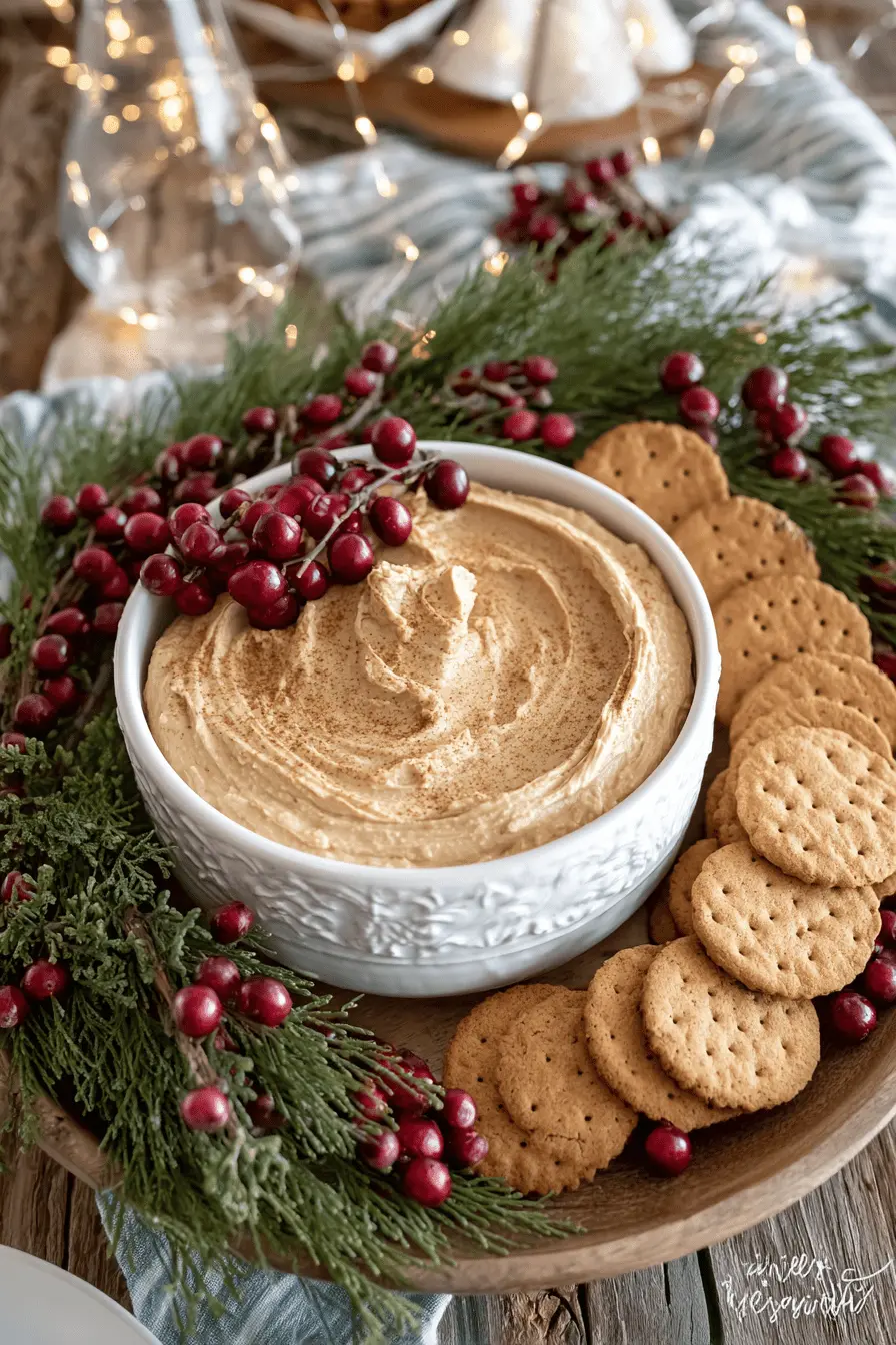 Festive wooden platter with creamy gingerbread dip and crackers, garnished with evergreen sprigs and red berries for a holiday appetizer.