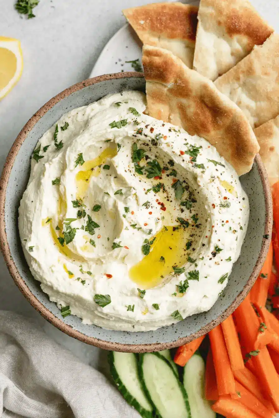 Rustic bowl of creamy, freshly made whipped feta dip garnished with olive oil, served alongside pita bread and fresh vegetable crudités.