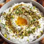 High-angle close-up of creamy whipped feta with honey and chopped pistachios, served alongside charred flatbread dippers.
