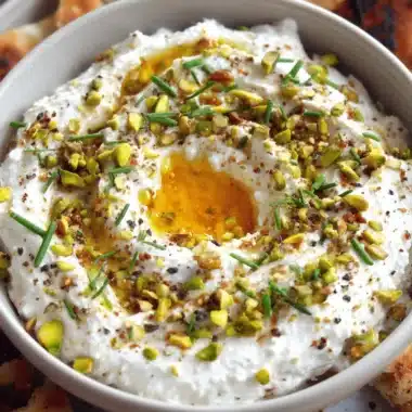High-angle close-up of creamy whipped feta with honey and chopped pistachios, served alongside charred flatbread dippers.