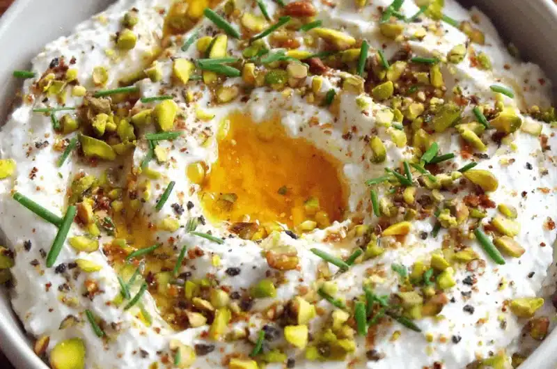 High-angle close-up of creamy whipped feta with honey and chopped pistachios, served alongside charred flatbread dippers.