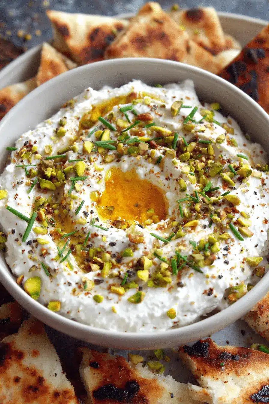 High-angle close-up of creamy whipped feta with honey and chopped pistachios, served alongside charred flatbread dippers.