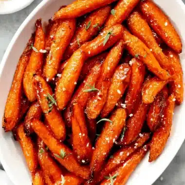 Vibrant close-up of perfectly roasted honey glazed carrots with sea salt and fresh herbs in a white dish.