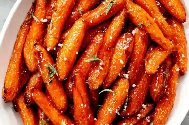 Vibrant close-up of perfectly roasted honey glazed carrots with sea salt and fresh herbs in a white dish.