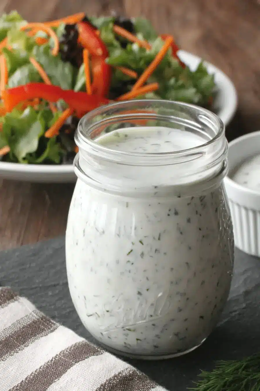 Mason jar of creamy, herb-speckled homemade ranch dressing on a dark slate board, with a blurred background of fresh green salad.