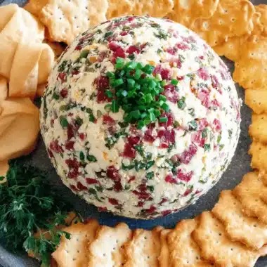 A festive dried beef cheeseball appetizer coated in fresh chives and finely diced dried beef, served on a dark slate platter with star-shaped crackers.
