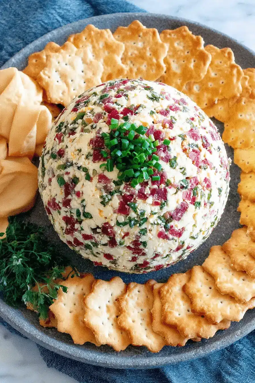 A festive dried beef cheeseball appetizer coated in fresh chives and finely diced dried beef, served on a dark slate platter with star-shaped crackers.