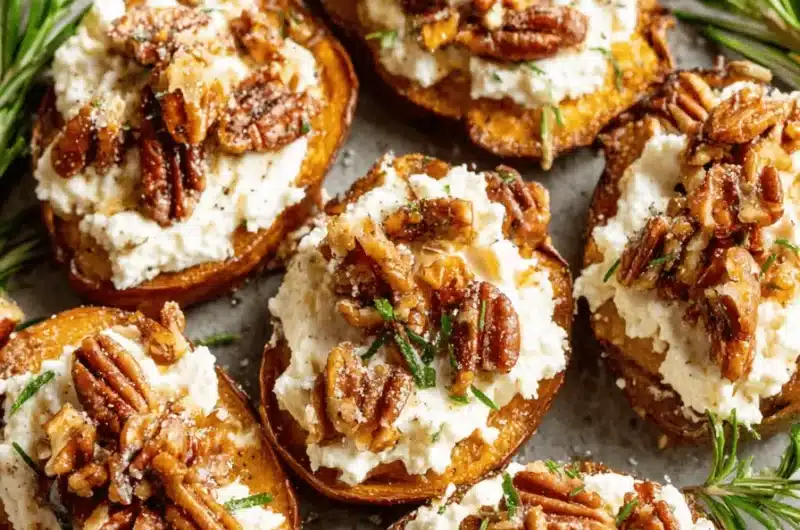 Roasted sweet potato rounds with ricotta and candied pecans, a festive appetizer often served alongside elegant stuffed dates.