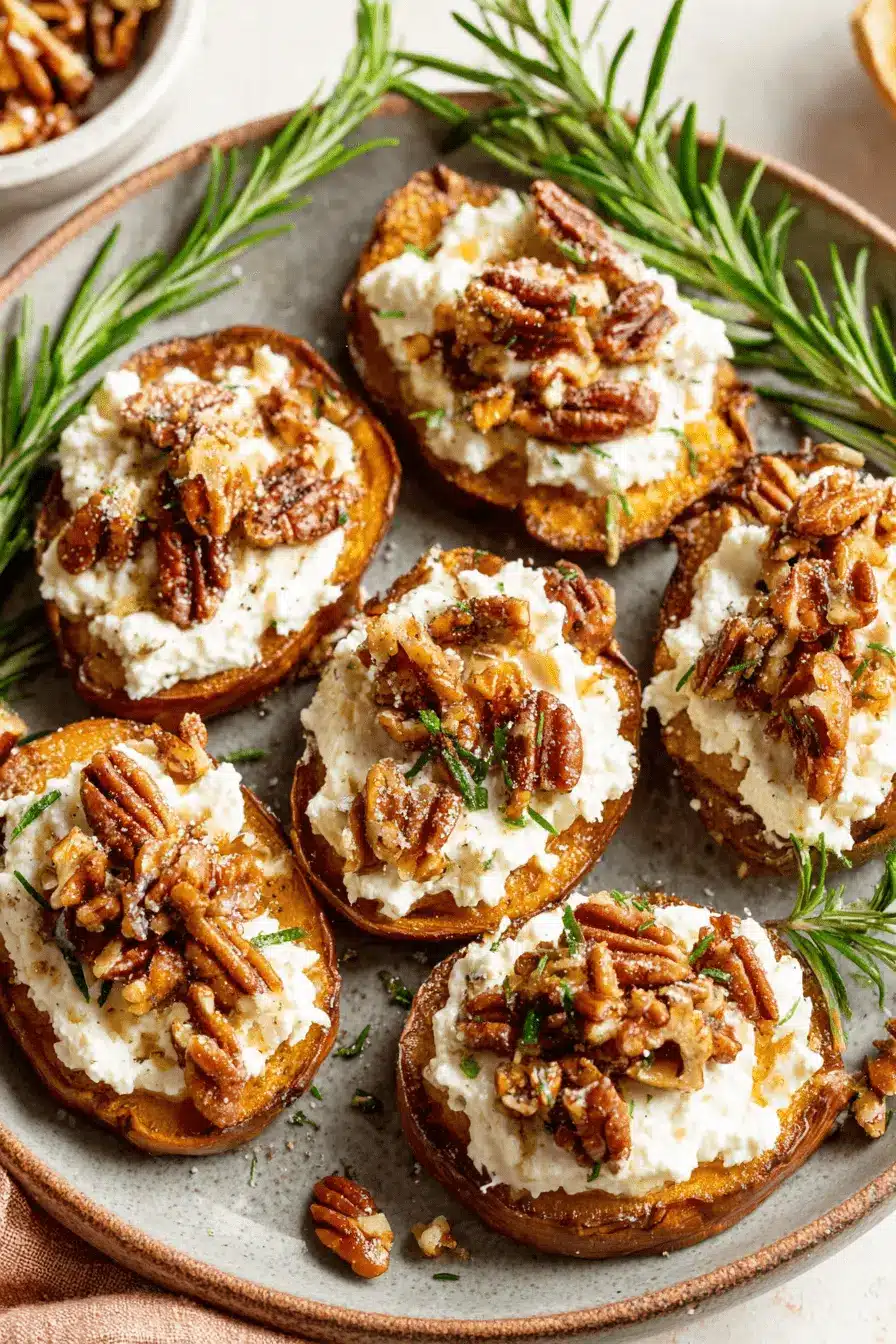 Roasted sweet potato rounds with ricotta and candied pecans, a festive appetizer often served alongside elegant stuffed dates.