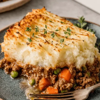 Appetizing slice of classic shepherds pie recipe showing a golden, ridged mash and rich meat filling with peas and carrots.