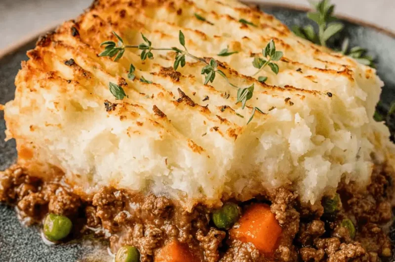Appetizing slice of classic shepherds pie recipe showing a golden, ridged mash and rich meat filling with peas and carrots.