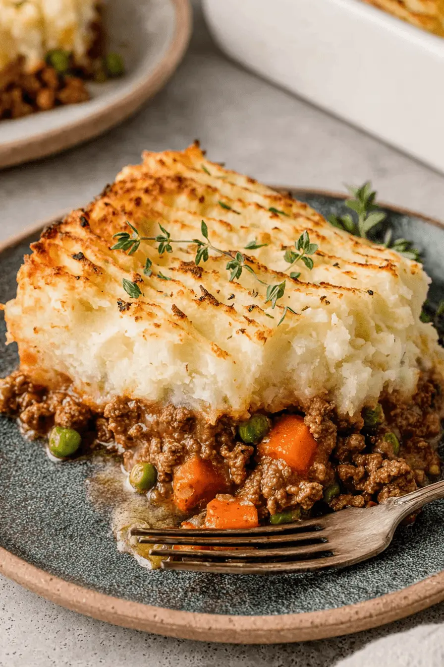Appetizing slice of classic shepherds pie recipe showing a golden, ridged mash and rich meat filling with peas and carrots.