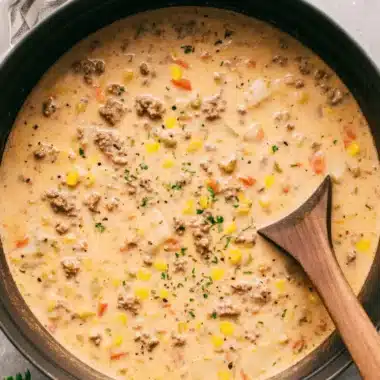Overhead photo of hearty, creamy shepherds pie soup filled with ground beef, potatoes, corn, and peas in a dark Dutch oven.