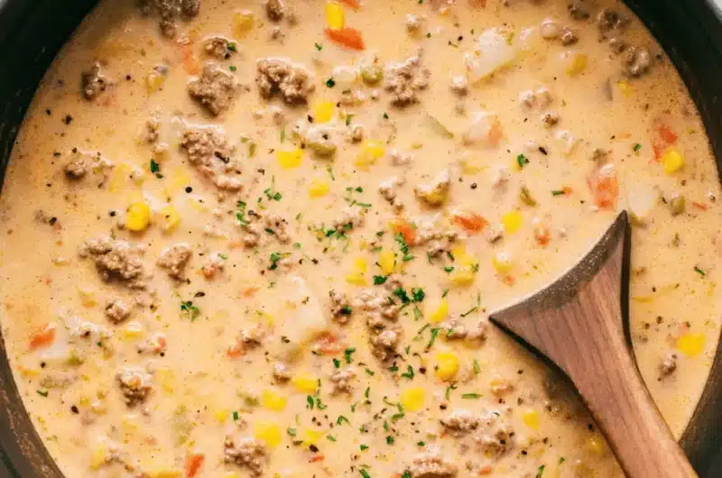Overhead photo of hearty, creamy shepherds pie soup filled with ground beef, potatoes, corn, and peas in a dark Dutch oven.