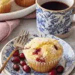 Single powdered cranberry orange muffin on blue transferware plates next to a coffee mug, highlighting the vibrant cranberries.