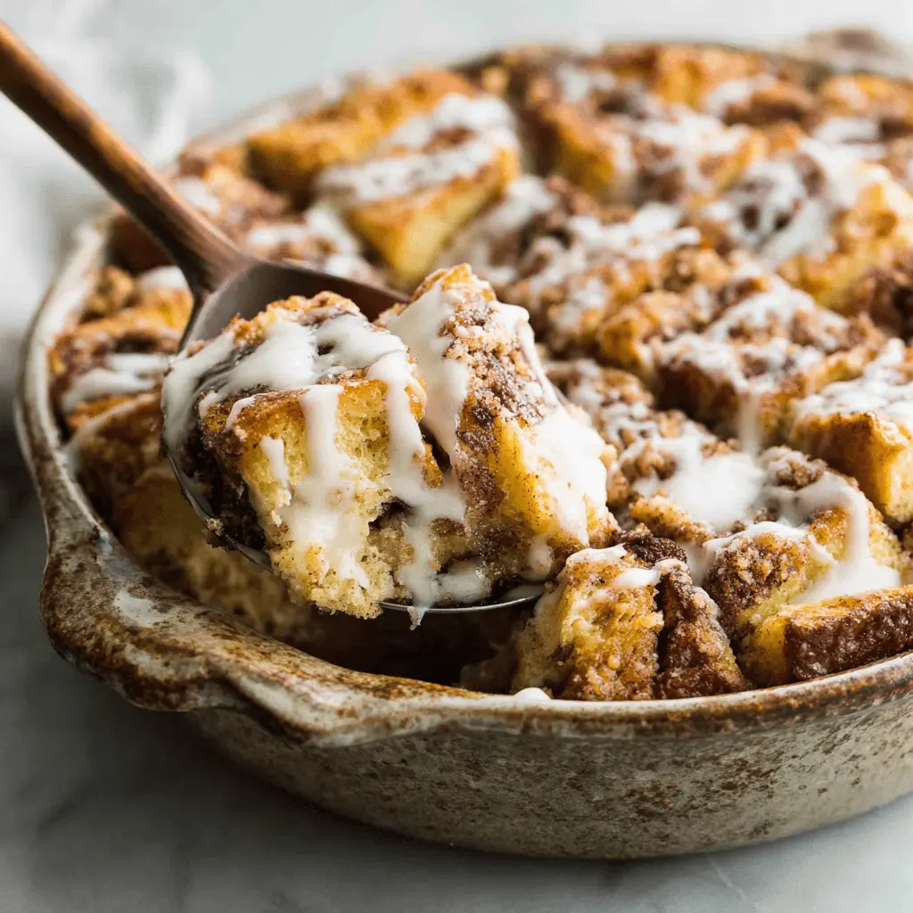 The Ultimate Cinnamon Roll French Toast Casserole 2 Close-up of a rustic ceramic dish filled with warm, glazed Cinnamon Roll French Toast Casserole being served with a wooden spoon.