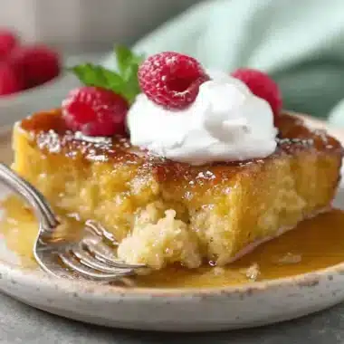 The Ultimate Crème Brûlée French Toast Casserole 3 Close-up of a fork digging into a rich, golden Crème Brûlée French Toast Casserole topped with whipped cream, raspberries, and mint on a rustic plate.