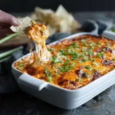 The Ultimate Buffalo Chicken Dip Recipe 3 Close-up of warm, cheesy Buffalo Chicken Dip with a tortilla chip scooping gooey melted cheese and fresh scallions.