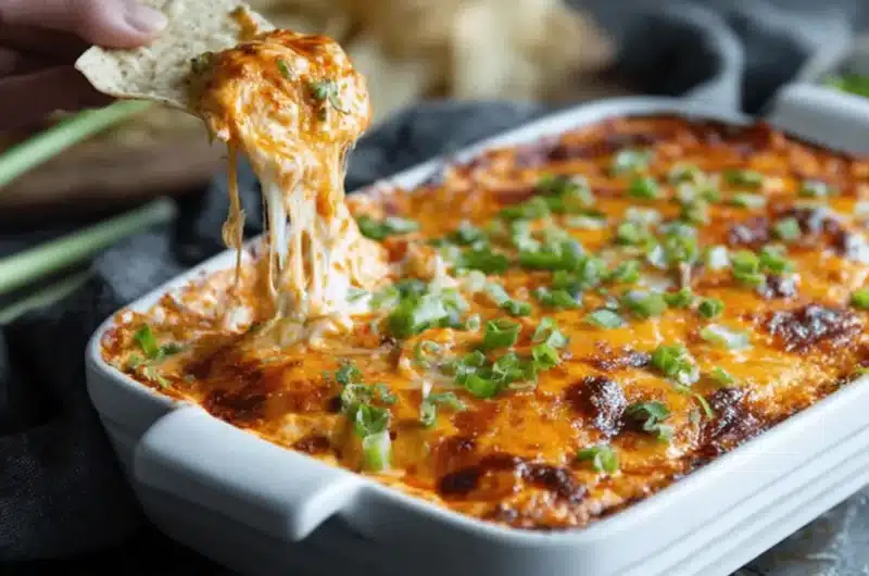 Close-up of warm, cheesy Buffalo Chicken Dip with a tortilla chip scooping gooey melted cheese and fresh scallions.