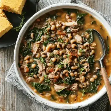 Foolproof Southern Black Eyed Peas Magic 3 A close-up overhead view of a hearty bowl of Southern Black Eyed Peas stew with shredded meat, collard greens, bacon, and thyme, served with cornbread.