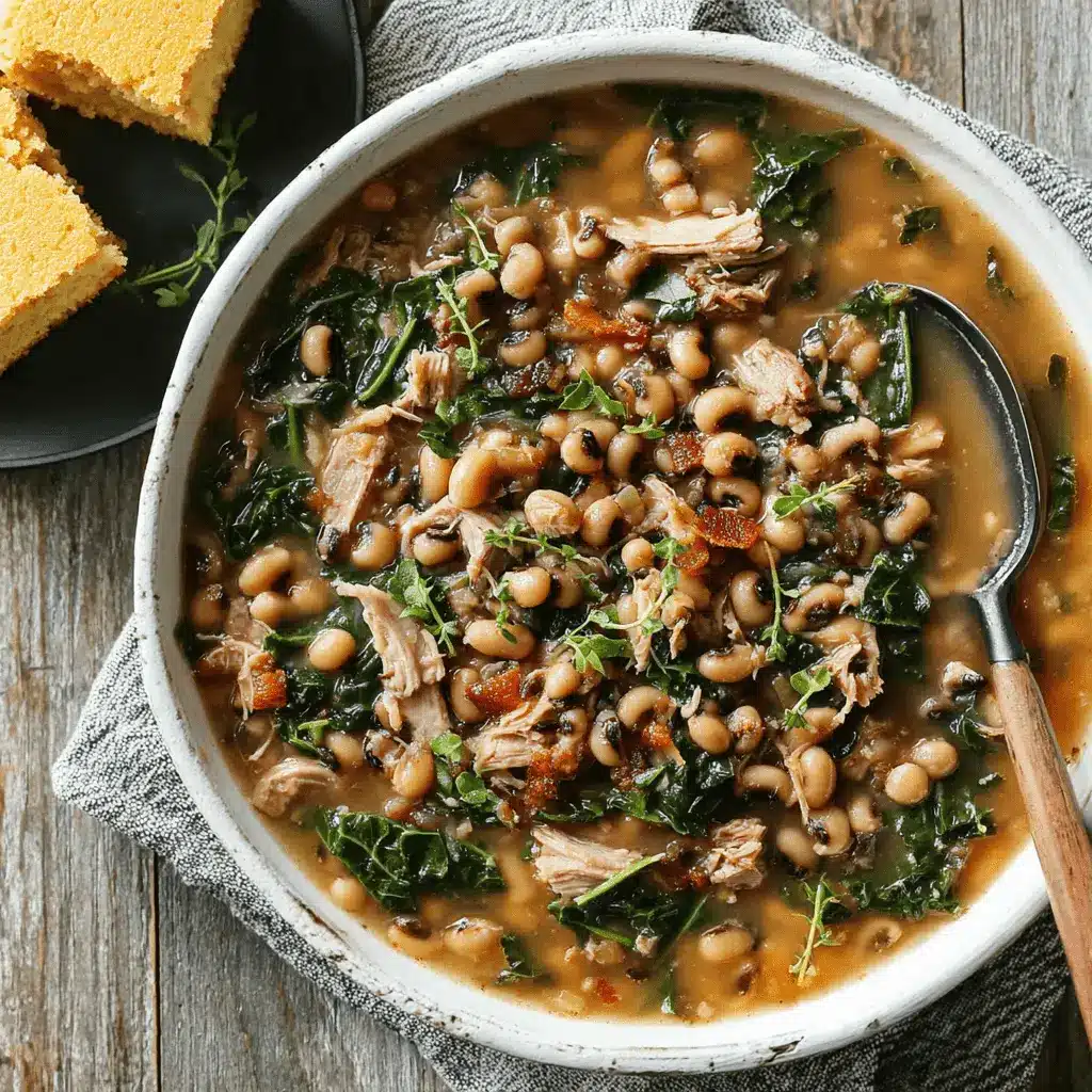 Foolproof Southern Black Eyed Peas Magic 2 A close-up overhead view of a hearty bowl of Southern Black Eyed Peas stew with shredded meat, collard greens, bacon, and thyme, served with cornbread.