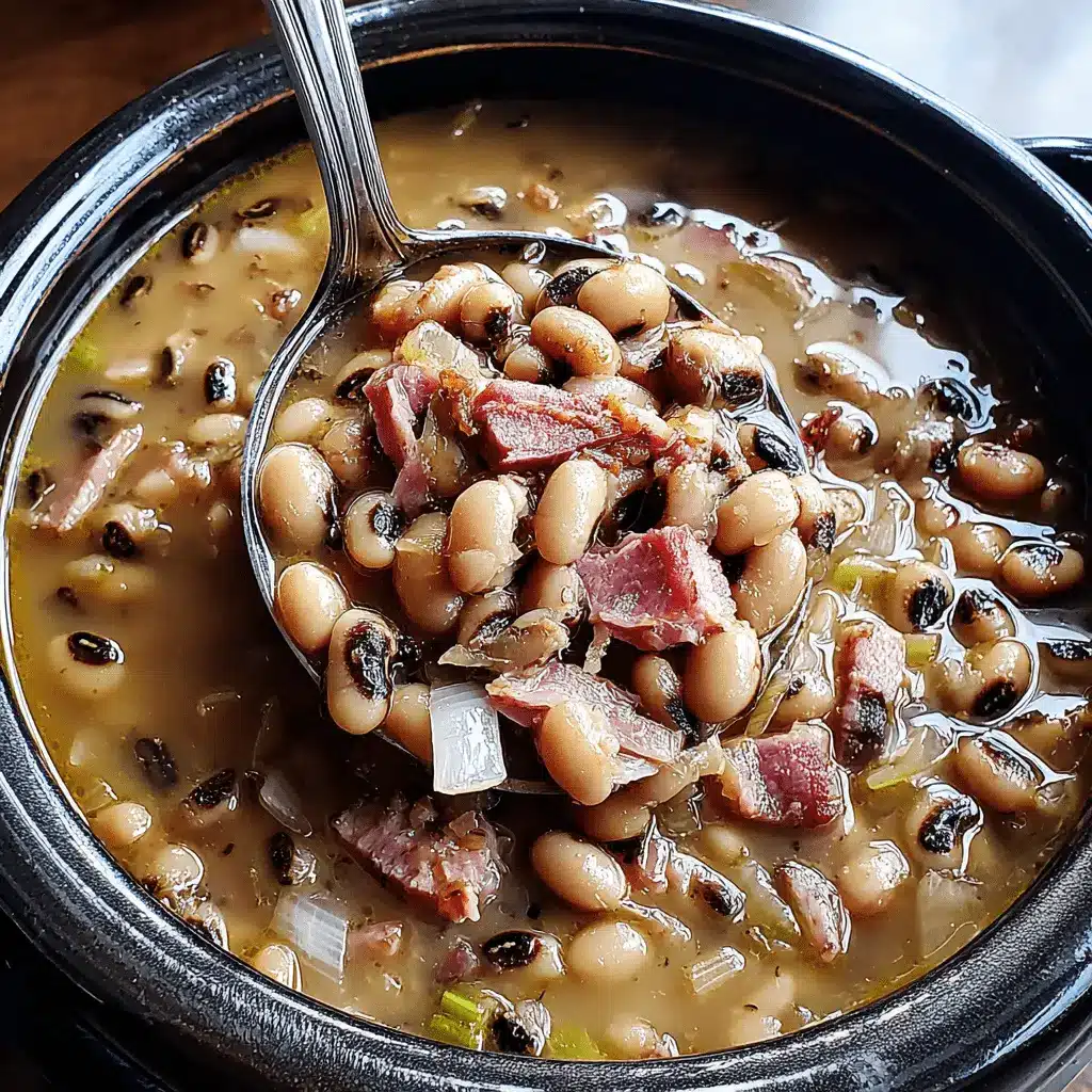 Amazing Slow Cooker Black-Eyed Peas 2 Close-up of hearty Slow Cooker Black-Eyed Peas with ham, ready to be served from a ceramic pot.
