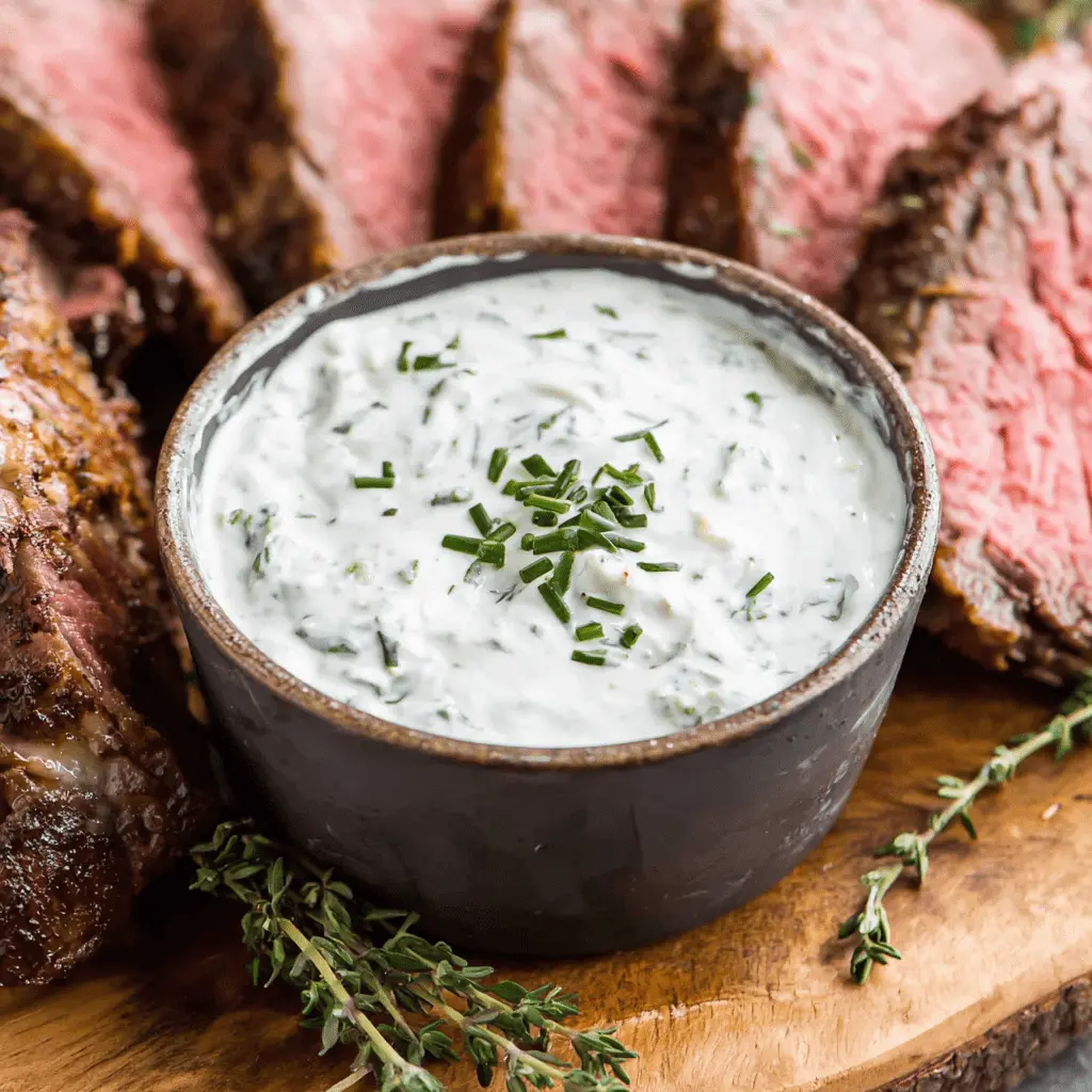 Perfect 5-Minute Horseradish Cream Sauce 2 Close-up of a rich Horseradish Cream Sauce in a rustic bowl, garnished with chives, served alongside medium-rare roasted beef.