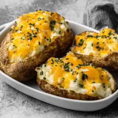The Ultimate Twice Baked Potatoes 3 Close-up of three delicious Twice Baked Potatoes loaded with melted cheddar cheese and fresh chives in a white dish.