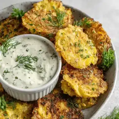 The Ultimate Crispy Parmesan Smashed Potatoes 3 Golden-brown Parmesan Smashed Potatoes, crispy and herb-garnished, with a creamy dipping sauce on a rustic plate.