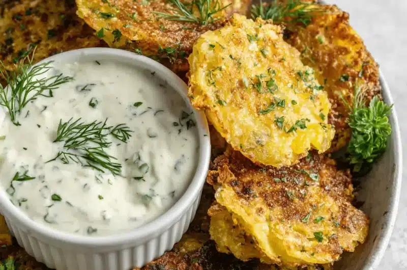 Golden-brown Parmesan Smashed Potatoes, crispy and herb-garnished, with a creamy dipping sauce on a rustic plate.