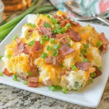 The Ultimate Twice Baked Potato Casserole 4 Close-up of a delicious Twice Baked Potato Casserole, generously topped with melted cheddar cheese, crispy bacon bits, and fresh green onions on a white plate.