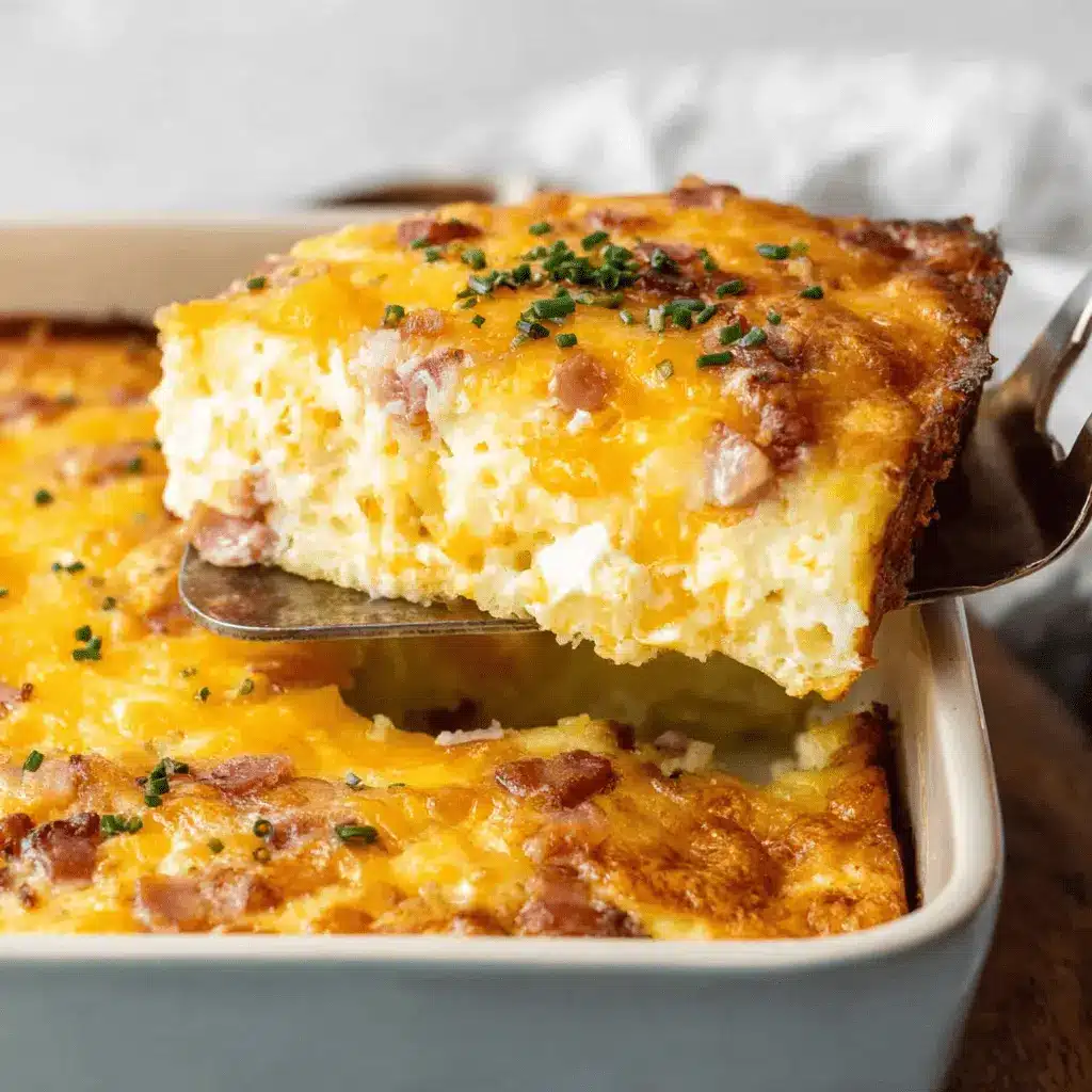 Foolproof Hash Brown Breakfast Casserole 2 A golden hash brown breakfast casserole slice with melted cheddar, crispy bacon, and fresh chives being served from a white baking dish.