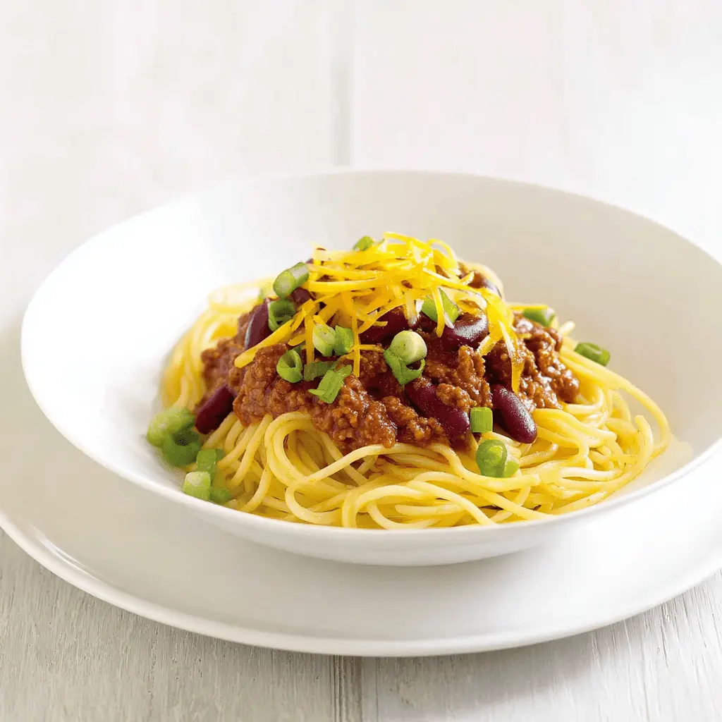 Amazing Cincinnati Chili: Quick 40-Minute Recipe 2 Close-up of an appetizing bowl of Cincinnati Chili spaghetti, generously topped with shredded cheese and fresh green onions.