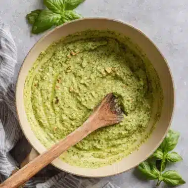 Vibrant green pesto sauce with pine nuts and fresh basil in a rustic pan, highlighting its homemade freshness.