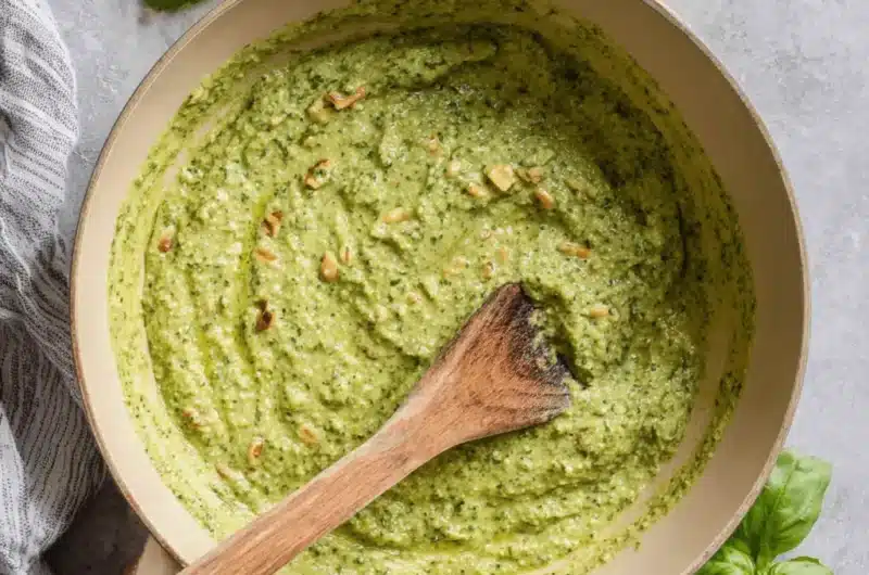 Vibrant green pesto sauce with pine nuts and fresh basil in a rustic pan, highlighting its homemade freshness.