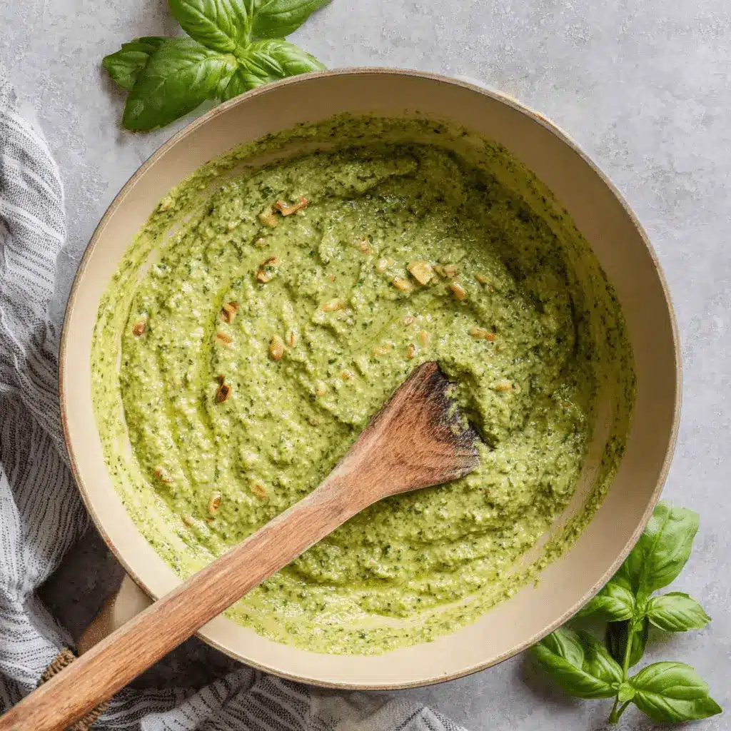 The Ultimate 15-Minute Pesto Sauce 2 Vibrant green pesto sauce with pine nuts and fresh basil in a rustic pan, highlighting its homemade freshness.