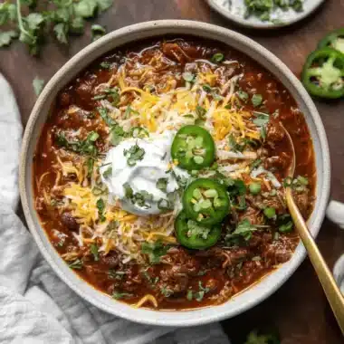 The Ultimate Brisket Chili Recipe 3 A top-down view of a hearty bowl of Brisket Chili Recipe, garnished with shredded cheese, sour cream, jalapeños, and fresh cilantro, on a rustic wooden table.