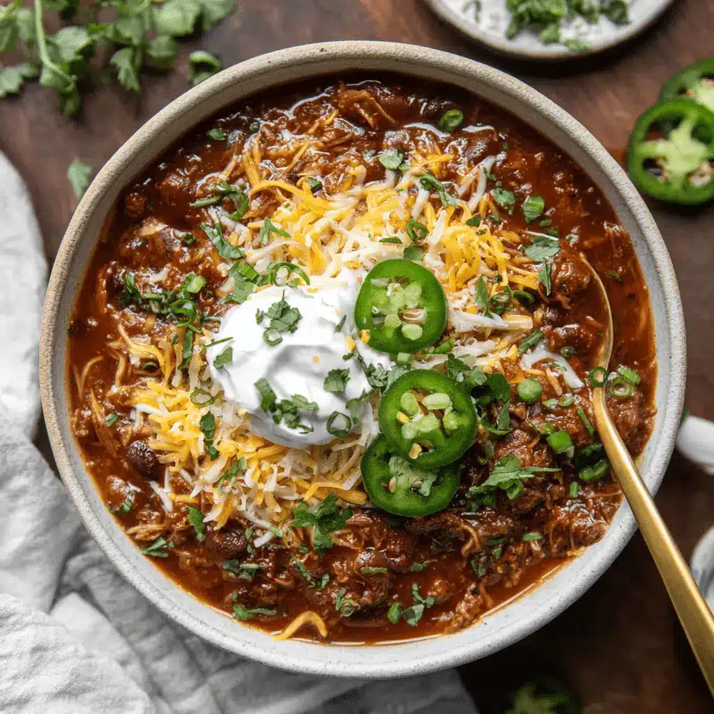 The Ultimate Brisket Chili Recipe 2 A top-down view of a hearty bowl of Brisket Chili Recipe, garnished with shredded cheese, sour cream, jalapeños, and fresh cilantro, on a rustic wooden table.