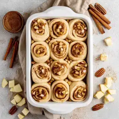 Ultimate Foolproof Apple Cinnamon Rolls 4 Unbaked apple cinnamon rolls in a white baking dish, surrounded by fresh apples, cinnamon sticks, and pecans on a light surface.