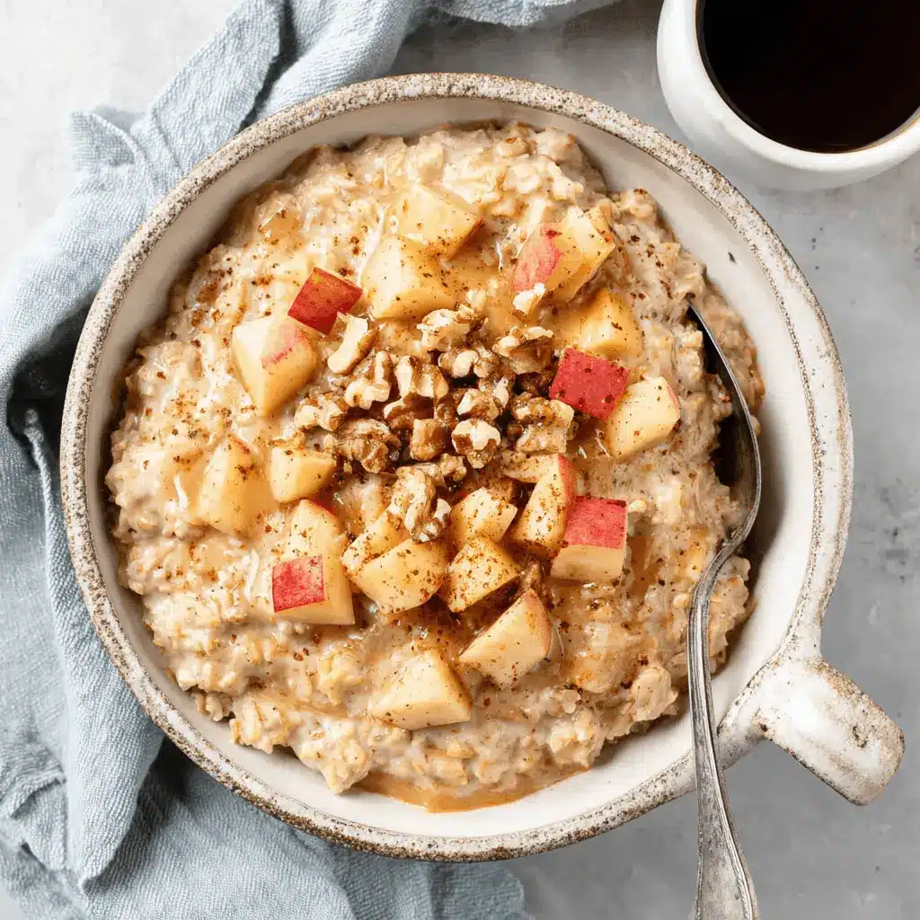 The Ultimate Apple Cinnamon Oatmeal Recipe 2 A rustic bowl of warm apple cinnamon oatmeal, topped with diced red apples, walnuts, and a sweet drizzle, served on a light surface.