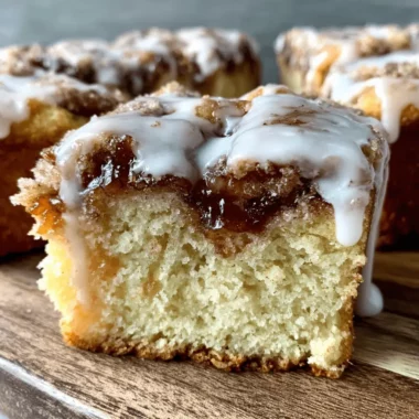 Ultimate Apple Cinnamon Cake Recipe 4 A close-up of a delicious slice of homemade apple cinnamon cake, revealing moist layers, a rich cinnamon swirl, streusel topping, and generous white glaze on a wooden board.
