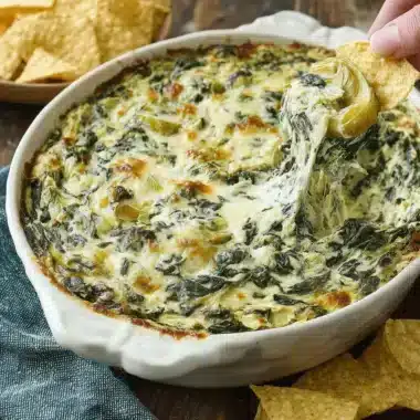 Ultimate Foolproof Spinach Artichoke Dip 4 Warm, cheesy Spinach Artichoke Dip with a gooey cheese pull from a tortilla chip.