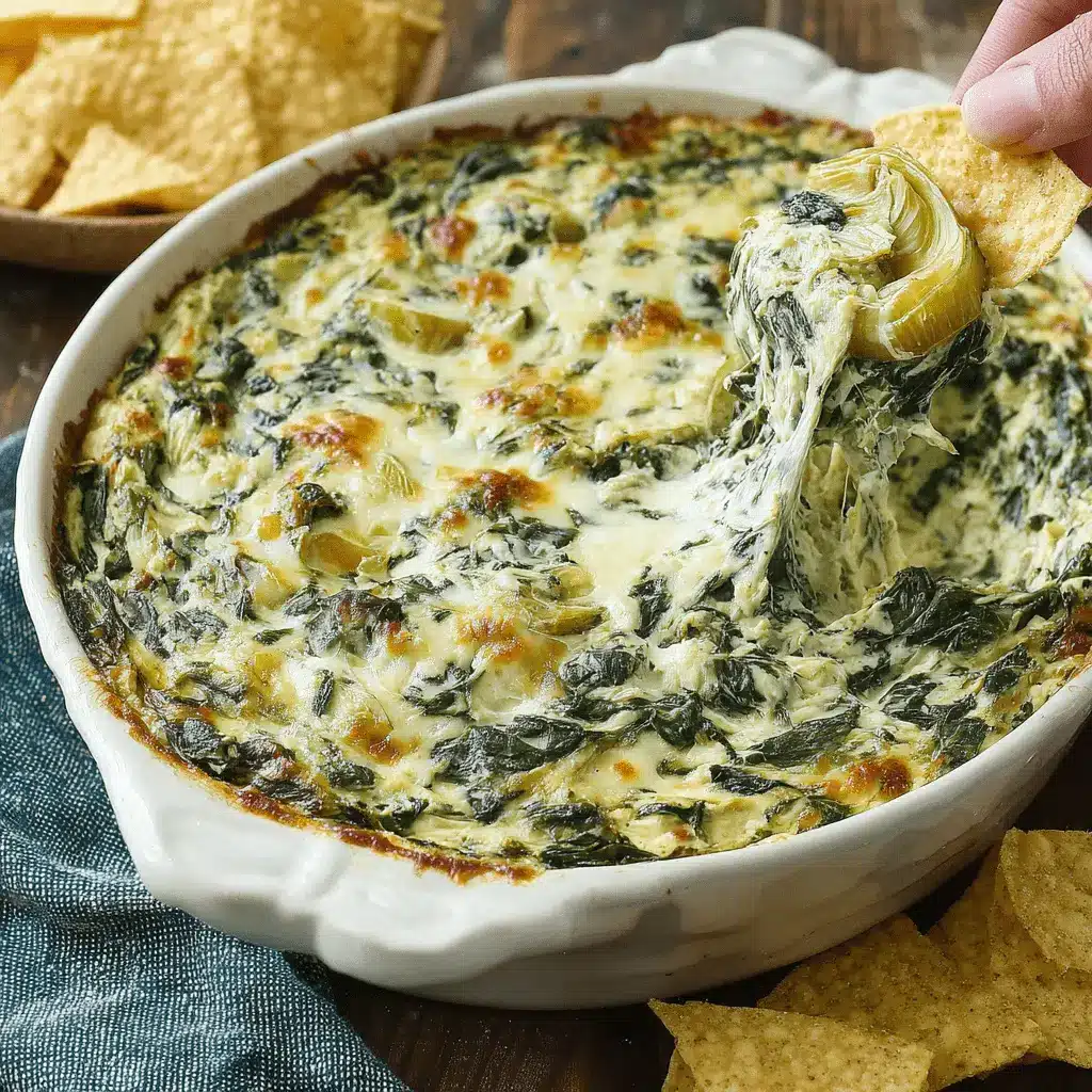 Ultimate Foolproof Spinach Artichoke Dip 2 Warm, cheesy Spinach Artichoke Dip with a gooey cheese pull from a tortilla chip.