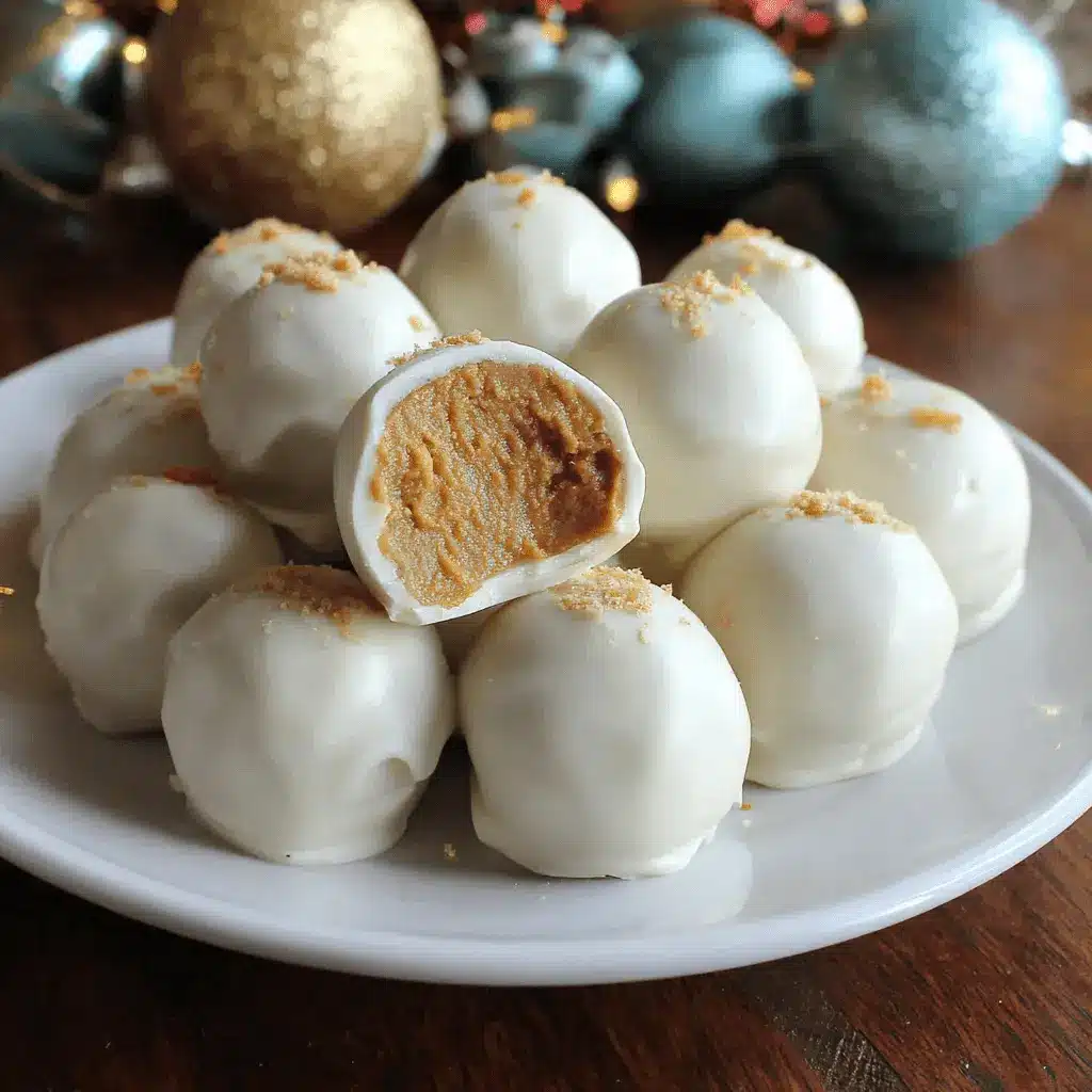Easy White Chocolate Peanut Butter Balls 2 A close-up of festive White Chocolate Peanut Butter Balls on a white plate, one cut in half to reveal its creamy filling, against a blurred holiday background.