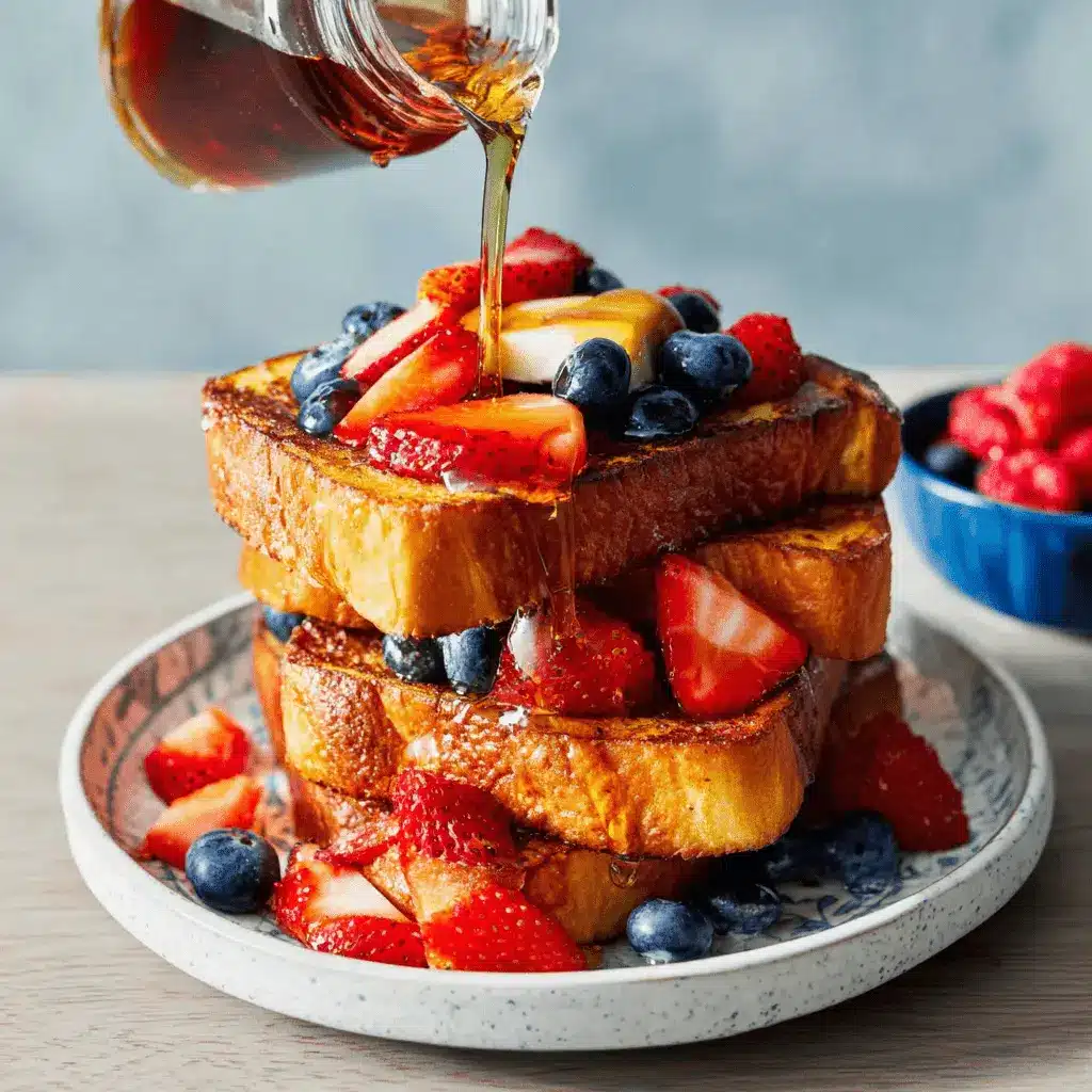 Ultimate Foolproof French Toast Recipe 2 Golden French toast stack with maple syrup and fresh berries, an inviting visual for any french toast recipe.