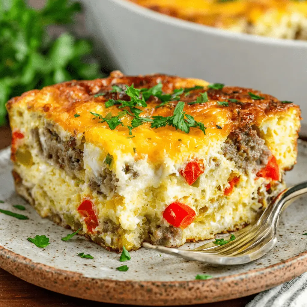 Amazing Sausage Egg and Cheese Casserole 2 Close-up of a delicious slice of sausage egg and cheese casserole on a rustic plate, garnished with fresh herbs.