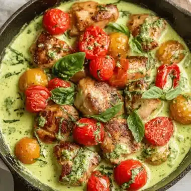 Amazing Creamy Pesto Chicken in 30 Mins 4 Close-up of vibrant Creamy Pesto Chicken with blistered cherry tomatoes and fresh basil in a cast-iron skillet.