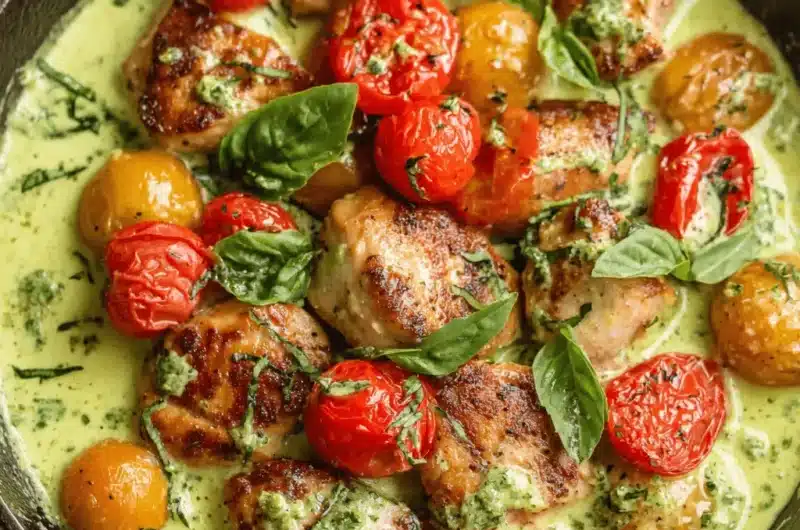 Close-up of vibrant Creamy Pesto Chicken with blistered cherry tomatoes and fresh basil in a cast-iron skillet.
