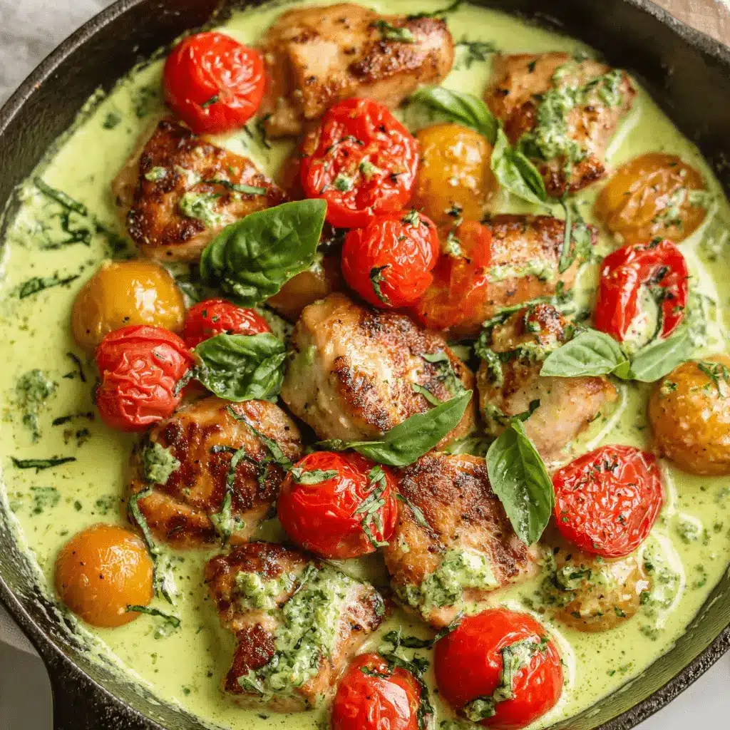 Amazing Creamy Pesto Chicken in 30 Mins 2 Close-up of vibrant Creamy Pesto Chicken with blistered cherry tomatoes and fresh basil in a cast-iron skillet.