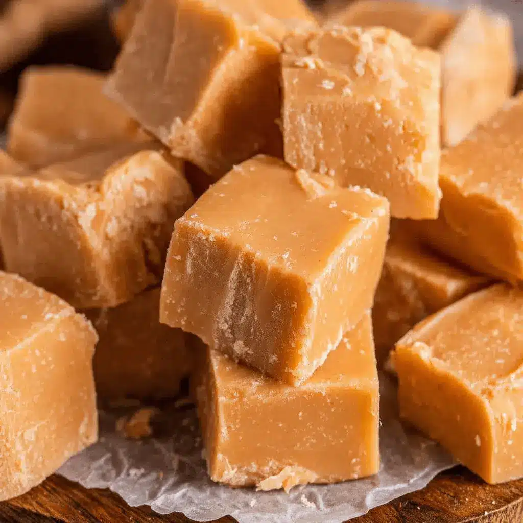 Ultimate Foolproof Peanut Butter Fudge 2 A close-up of delicious homemade peanut butter fudge piled on parchment paper.